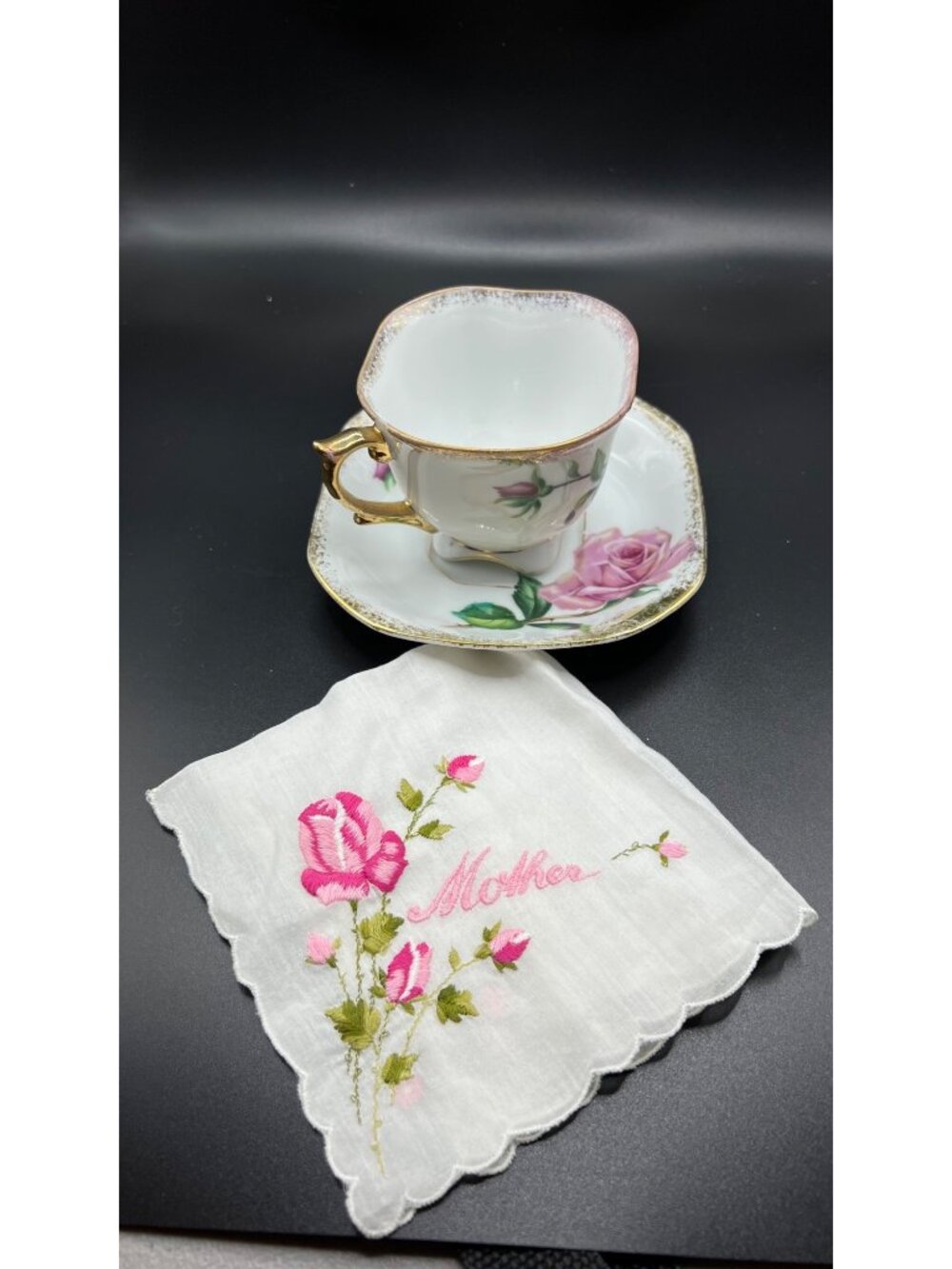 Royal Sealy China Cup Saucer W/ Embroidered "Mother" Handkerchief Pink Gold VTG